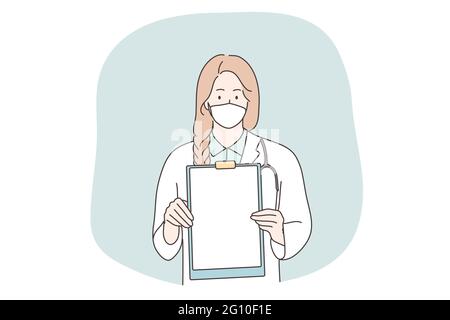 Healthcare, medicine, coronavirus, infection, announcement, diagnosis concept. Young woman girl hospital worker doctor nurse with medical face mask holding sheet of paper. Covid19 disease protection. Stock Vector