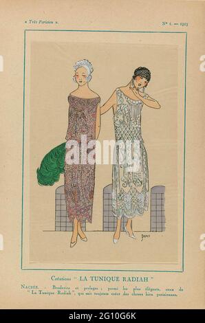 Très Parisien, 1923, No 1: Creations 'La Tunique Radiah'. Two evening shaves from 'La Tunique Radiah', topped with embroidery and pearls. Print from the fashion magazine Très Parisien (1920-1936). Stock Photo