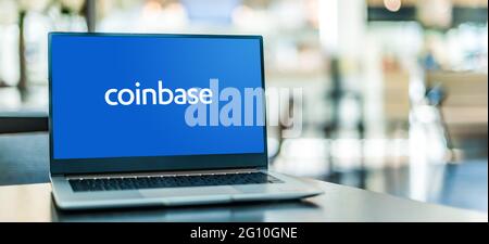 POZNAN, POL - MAY 1, 2021: Laptop computer displaying logo of Coinbase Global, Inc., an American company that operates a cryptocurrency exchange platf Stock Photo