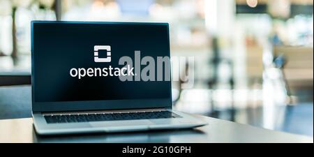POZNAN, POL - MAY 1, 2021: Laptop computer displaying logo of OpenStack, a free, open standard cloud computing platform Stock Photo