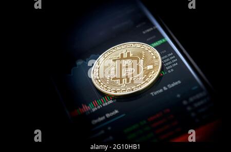 Bitcoin on the cryptocurrency exchange. The rate and quotes of bitcoin at the auction. Stock Photo