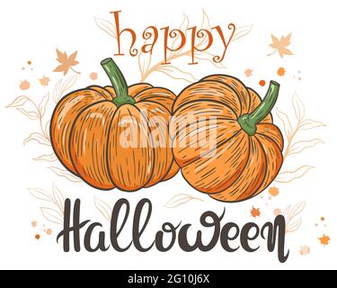 Happy halloween card vector. Banner with pumpkins, maple leaves, branches and spots. Autumn traditional holiday. Hand lettering, fall background. Stock Vector