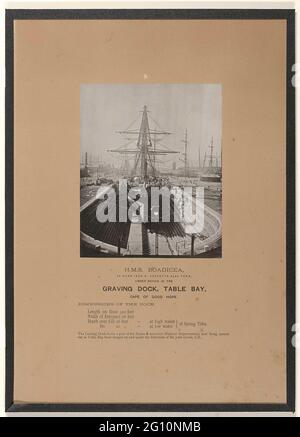 HMS Boadicea, Under Repair in The Gravening Dock, Table Bay, Cape of Good Hope. Framed black and white Photo of HMS Boadicea, for repair in the dry dock in Table Bay, Cape of Good Hope. Stuck on paper. Under the photo inscription. Stock Photo