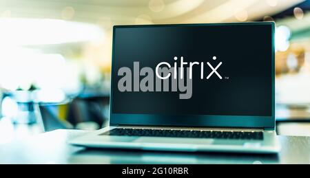 POZNAN, POL - MAY 1, 2021: Laptop computer displaying logo of Citrix Systems, an American multinational software company with headquarters in Fort Lau Stock Photo