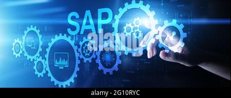 SAP software business process automation. ERP enterprise resource planning system on virtual screen. Stock Photo
