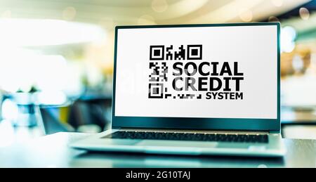 Laptop computer displaying the sign of Social Credit System Stock Photo