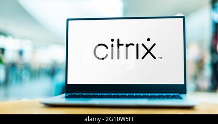 POZNAN, POL - MAY 1, 2021: Laptop computer displaying logo of Citrix Systems, an American multinational software company with headquarters in Fort Lau Stock Photo