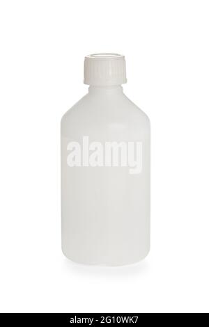 Plastic medical bottle with transparent liquid isolated on white background Stock Photo