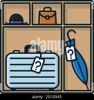 Shelf with suitcase, umbrella, hat and handbag isolated vector illustration for Lost and Found Day on December 10 Stock Vector