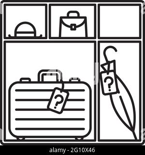 Shelf with suitcase, umbrella, hat and handbag vector line icon for Lost and Found Day on December 10 Stock Vector