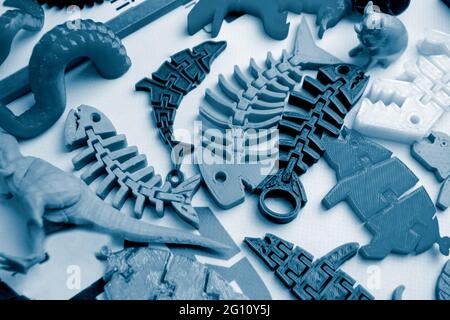 Models printed by 3d printer. Bright colorful objects printed on a 3d printer Stock Photo