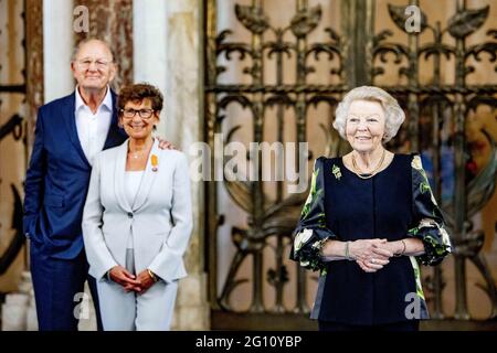 Amsterdam, Netherlands. 04th June, 2021. Princess Beatrix of the Netherlands presentsthe Silver Carnations from the Prince Bernhard Cultuurfonds to Joop and Janine van den Ende on Friday morning, June 4, 2021, Amsterdam, Netherlands, in the Royal Palace Amsterdam. Both the 2021 and 2020 laureates will receive their Zilveren Carnation. Due to the outbreak of the corona virus, the presentation of the Silver Carnations could not take place last year. Photo by Robin Utrecht/ABACAPRESS.COM Credit: Abaca Press/Alamy Live News Stock Photo