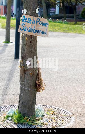 Sheffield UK: 17th April 2021: Handwritten sign left after the women’s rights demonstration and vigil for Sarah Everard, Devonshire Green Stock Photo