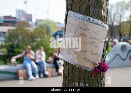 Sheffield UK: 17th April 2021: Handwritten sign left after the women’s rights demonstration and vigil for Sarah Everard, Devonshire Green Stock Photo