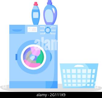 Working washing machine and empty laundry basket, bottles with liquid detergents, Flat style. Vector illustration. Stock Vector