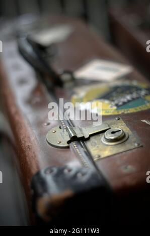 old fashioned well travelled leather suitcase Stock Photo