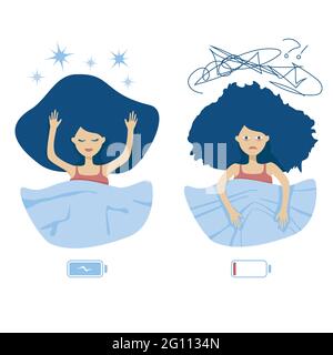 Good sleep and insomnia woman character concept. Happy girl with sweet dreams in bed and emaciated sleepless lady with falling asleep problem. Full an Stock Vector