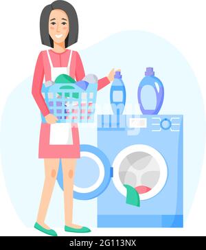 Woman doing laundry. Happy housewife washing clothes. Washing machine and laundry basket with clothes, bottles with liquid detergents, vector flat ill Stock Vector