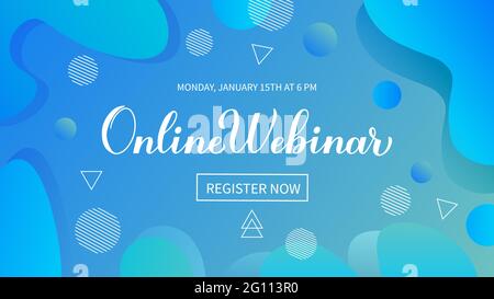 Online webinar announcement web banner. Distant education via internet. Blue abstract background. Vector template for social media, mobile app, etc. Stock Vector