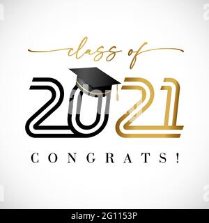 2021 class of golden line art text, graduates black lettering banner. Vector illustration black and gold logo congratulation degree ceremony with hat Stock Vector