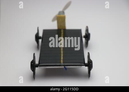 Small car that runs on solar energy. Solar air car working model built at home as hobby project Stock Photo