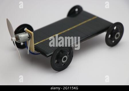Small hand made solar powered air car which is working model and runs on electricity produced by solar cells connected to mini dc motor Stock Photo