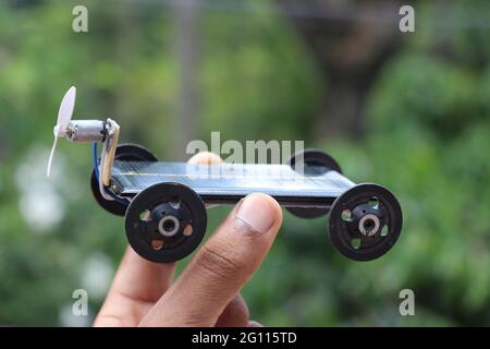 Solar powered car working model built at home. Solar car which runs propeller attach to motor. Solar energy car Stock Photo