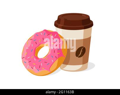 Colorful tasty pink donut and disposable paper coffee cup set. Glazed doughnut with hot beverage vector isolated eps illustration Stock Vector