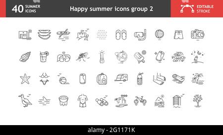 Funny summer icons, like kayak, mosquito, paradise island, lovers, flip flops, thermometer, etc. Collection of 40 stylized icons with editable stroke. Stock Vector