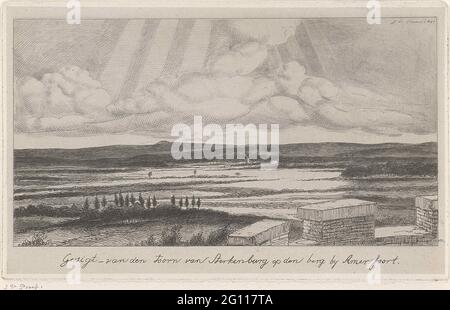 Landscape around Amersfoort; Looks for the wrath of Sterkenburg on Den Berg by Amersfoort. View of the landscape around Amersfoort, seen from the tower of Ridderhofstad Sterkenburg. In the foreground on the right the tilting of the castle. The sun breaks through the clouds. Stock Photo