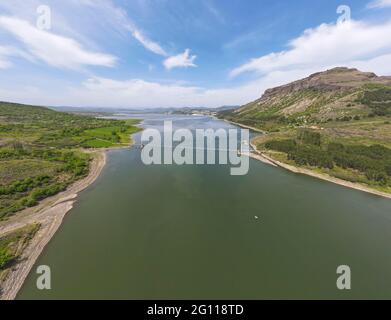 Aerial view of Lisitsite Bridge over Studen Kladenets Reservoir, Kardzhali Region, Bulgaria Stock Photo