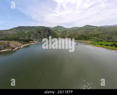 Aerial view of Lisitsite Bridge over Studen Kladenets Reservoir, Kardzhali Region, Bulgaria Stock Photo