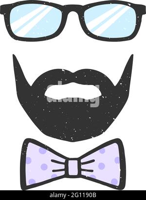 Glasses, beard and bow vector illustration with texture. Decoration for Father's Day. Man face. Design element for print, poster, banner, badge Stock Vector