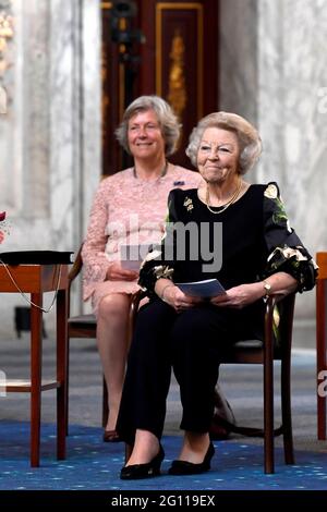 Amsterdam, Niederlande. 04th June, 2021. Princess Beatrix of The Netherlands at the Royal Palace in Amsterdam, on June 04, 2021, to hand out the Silver Carnations of the Prince Bernhard Cultuurfonds to people who have made a voluntary and unpaid contribution to culture or nature Credit: Albert Nieboer/Netherlands OUT/Point de Vue OUT/dpa/Alamy Live News Stock Photo