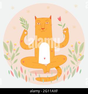 Relaxed cat in harmony sitting in yoga lotus position and meditate. Cat in zen balance with flowers. Vector cartoon character. Self control. Cat has r Stock Vector