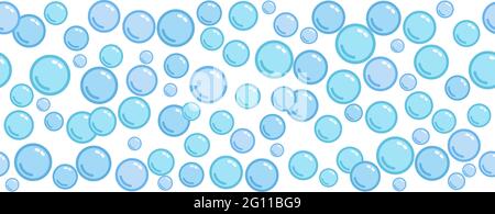 Horizontal decorative line with soap bubbles, background with water beads, blue blobs, vector foam sphere illustration Stock Vector