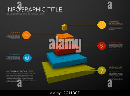 Vector Infographic square layers template with five levels for material structure - color pyramid template on dark background with droplet pointers ic Stock Vector