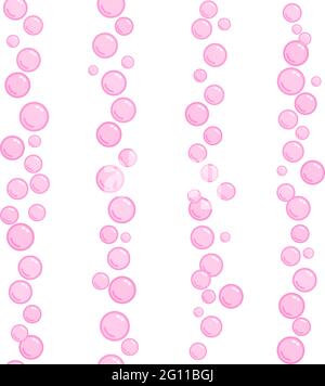 Vertical seamless soap bubble stripes, pink naive and simple lines with water bubbles, vector wallpaper Stock Vector