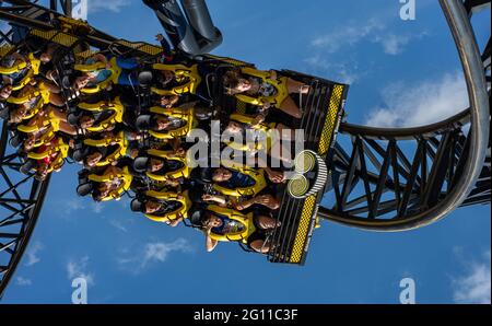 The World Record Breaking Rollercoaster , The Smiler at Alton Towers, Will Turn you upside down a record 14 Times per ride ! Stock Photo