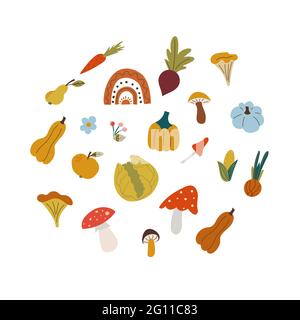 autumn leaves , mushroom, vegetables in flat style Stock Vector
