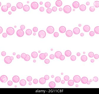 Horizontal seamless soap bubble stripes, pink naive and simple lines with water bubbles, vector wallpaper Stock Vector