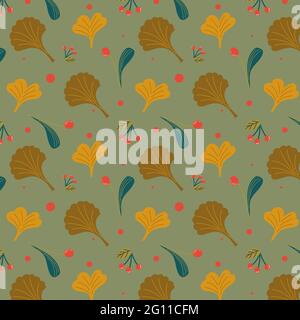 Autumn pattern with leaves and berries Vector flat Stock Vector