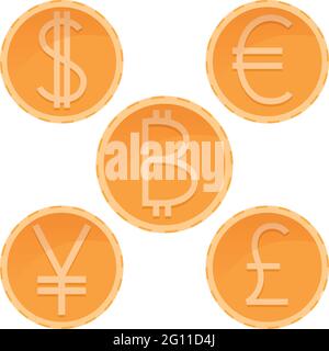 Dollar, euro, yen, pound bitcoin golden coins, different currencies, vector money illustration global economy Stock Vector