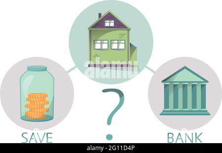 Buying house and property, save money or go to bank, making decision, comparing saving and getting loan, vector illustration Stock Vector