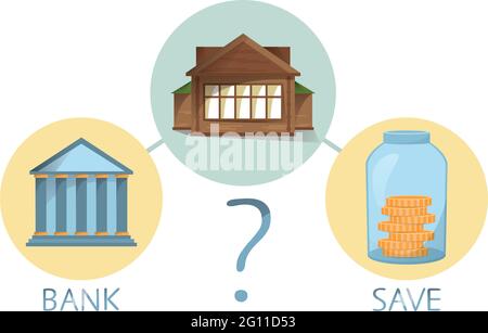 Buying house and property, save money or go to bank, making decision, comparing saving and getting loan, vector illustration Stock Vector
