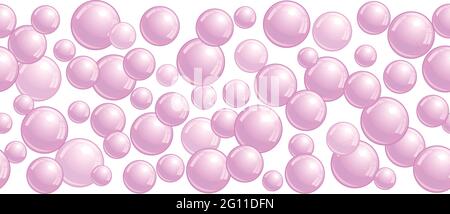 Horizontal decorative line of soap bubbles, background with realistic water beads, pink blobs, vector foam sphere illustration Stock Vector