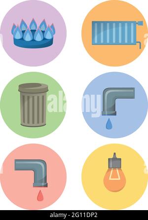 Different types of utilities, facilities icon set, municipal services vector illustration, cold and hot water, trash, gas, electricity, heating Stock Vector