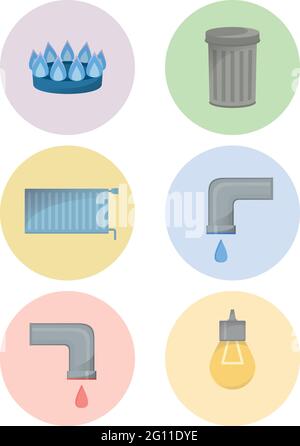 Different types of utilities, facilities icon set, municipal services vector illustration, cold and hot water, trash, gas, electricity, heating Stock Vector