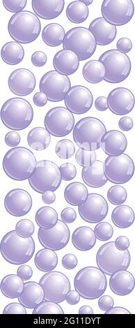 Vertical decorative line with soap bubbles, background with realistic water beads, purple blobs, vector foam sphere illustration Stock Vector