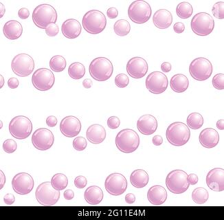 Horizontal seamless soap bubble stripes, lines with realistic water beads, pink blobs, vector foam illustration Stock Vector